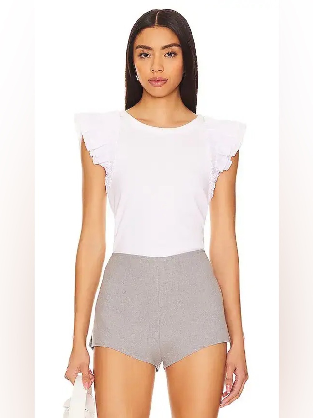 Steve Madden Adela White Ribbed Ruffle Sleeve Top